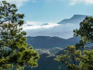 Clouds hang in the valleys in the dramatic mountainous interior of Gran Canaria