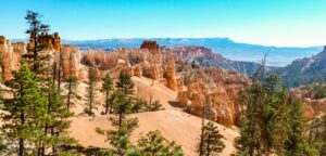Bryce Canyon shows off its contrasting colours of red and green against a blue sky in Bryce Canyon National Park