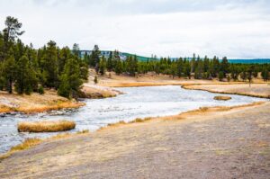 The Firehole River meanders across Yellowstone National Park in Wyoming, USA