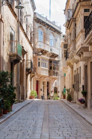 A quiet and shaded side street in Il-Birgu within the 3 cities area of Valletta on Malta
