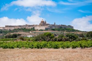 Mdina, the ancient walled city and former capital of Malta seen from the Artisan Crafts Village at Ta'Qali