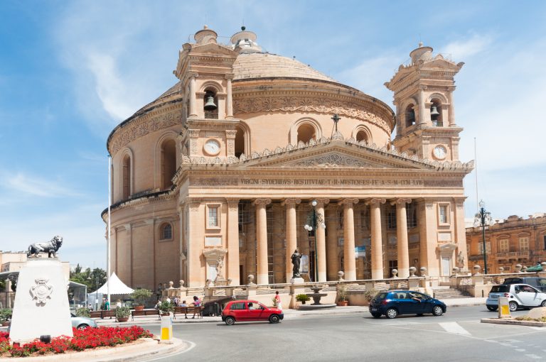 A view of the outside of the imposing Mosta Dome on the island of Malta