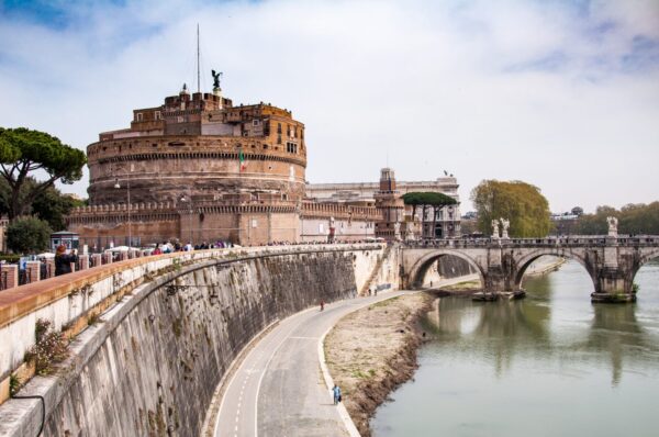 Castel Sant'Angelo from the banks of the river Tiber in the Italian capital of Rome