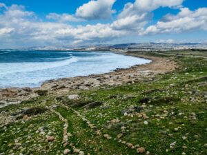View of the coastline looking north of Paphos town in Cyprus