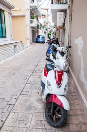 Zakynthos town has narrow side streets and plenty of scooters