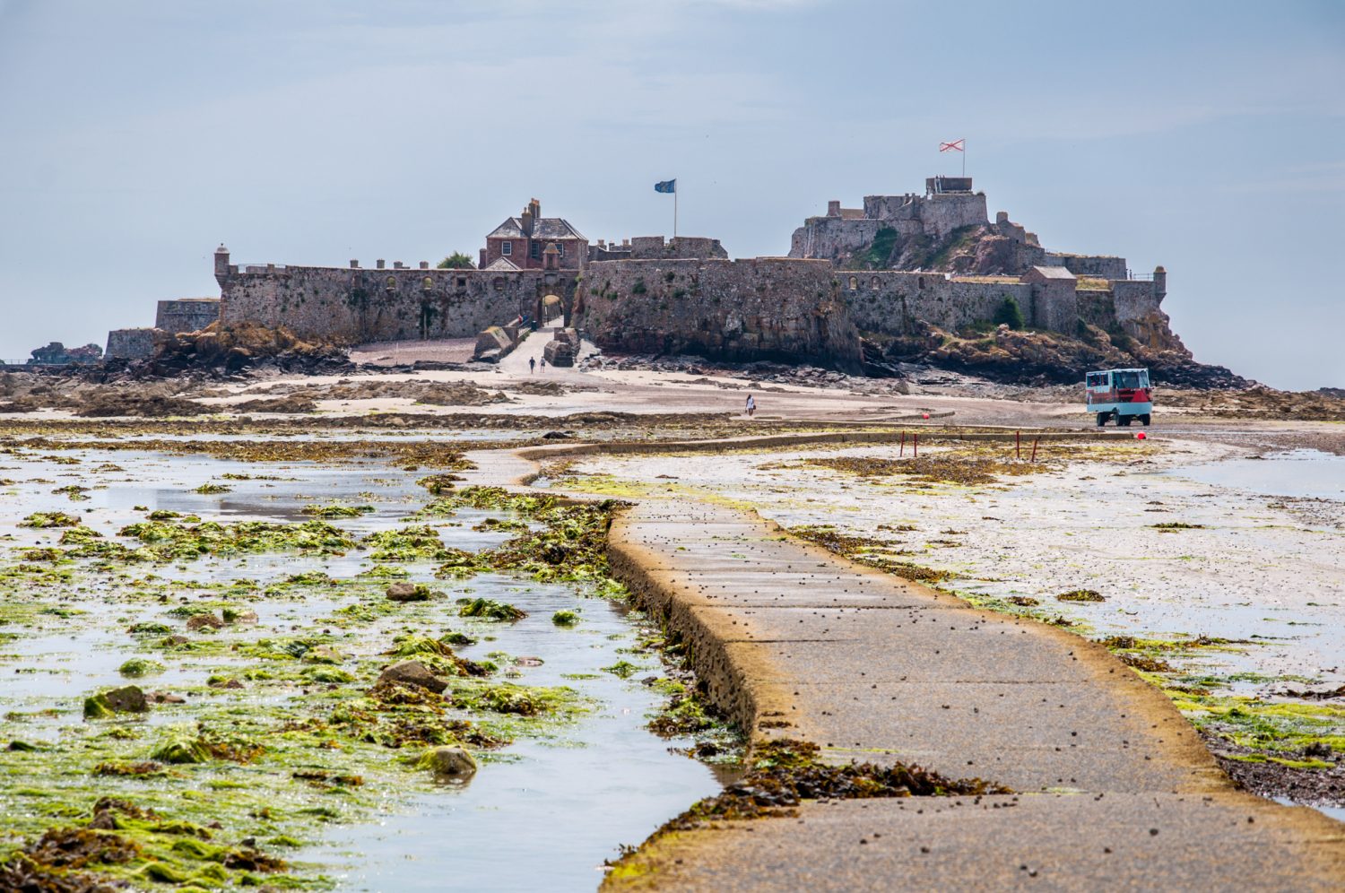 The causeway to Elizabeth Castle lets you walk out during low tides