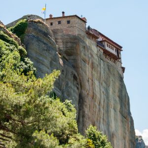Meteora in Greece: The Roussanou Monastery from the bottom of the cliff